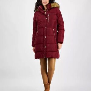 Red Puffer Jacket with Hood and Quilted Design